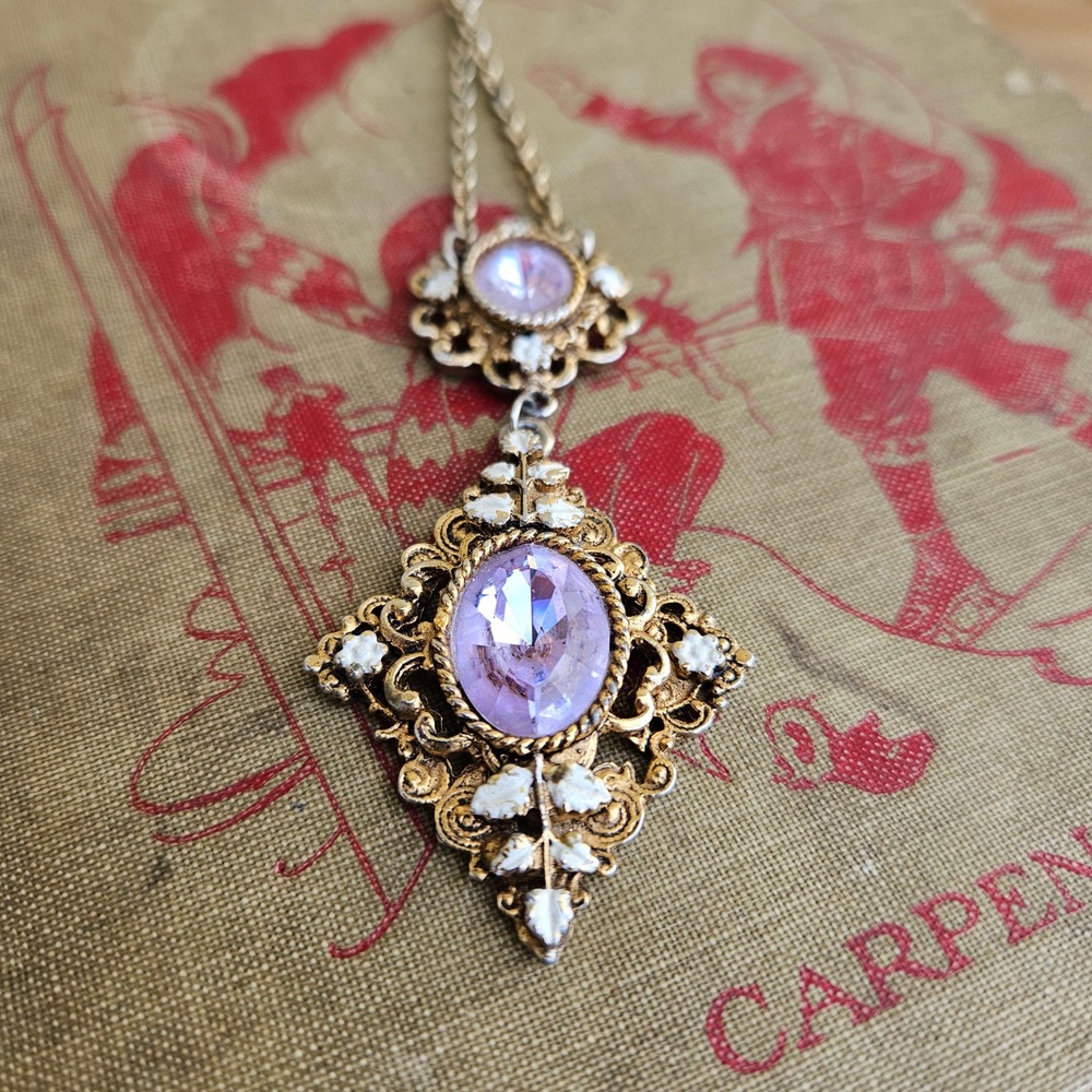 Vintage 70s PLO Gold Tone Purple Glass Enamel Filigree Lavalier Necklace
